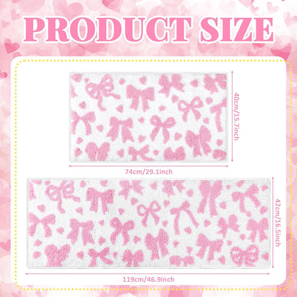 2 Pcs Pink Bow Bathroom Rugs Non Slip Coquette Cute Bath Mat