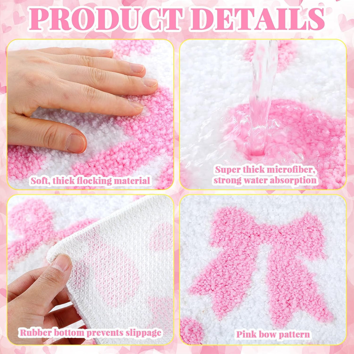 2 Pcs Pink Bow Bathroom Rugs Non Slip Coquette Cute Bath Mat
