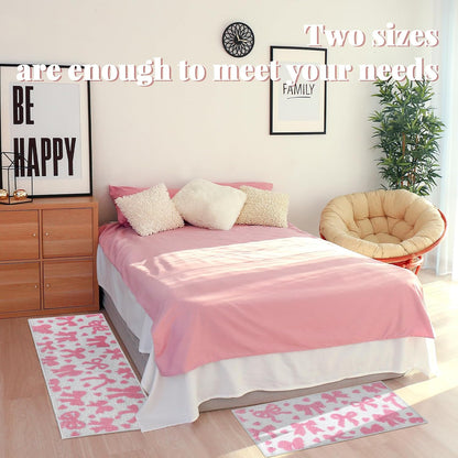 2 Pcs Pink Bow Bathroom Rugs Non Slip Coquette Cute Bath Mat