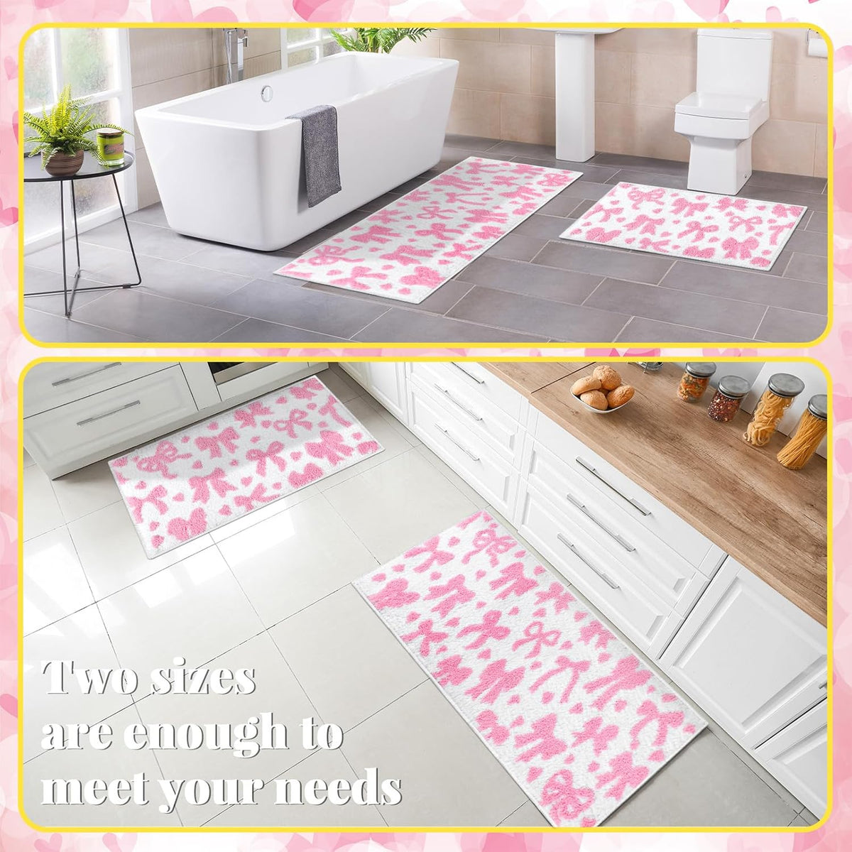 2 Pcs Pink Bow Bathroom Rugs Non Slip Coquette Cute Bath Mat