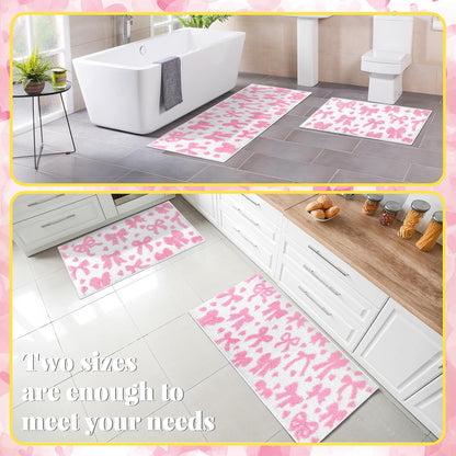 2 Pcs Pink Bow Bathroom Rugs Non Slip Coquette Cute Bath Mat