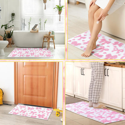 2 Pcs Pink Bow Bathroom Rugs Non Slip Coquette Cute Bath Mat