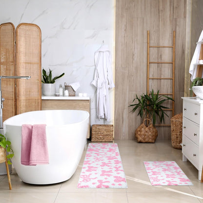 2 Pcs Pink Bow Bathroom Rugs Non Slip Coquette Cute Bath Mat