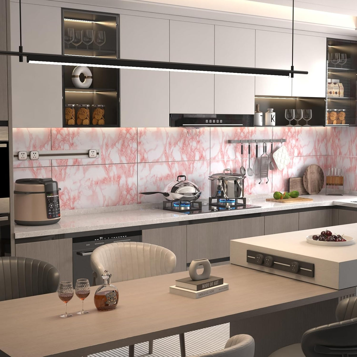 BAYYA Extra Wide Marble Contact Paper Granite Peel and Stick Wallpaper Pink Glossy 48x197 inch Countertop Contact Paper for Kitchen Bathroom Self-Adhesive Waterproof Decorative Film Marble Vinyl Wrap