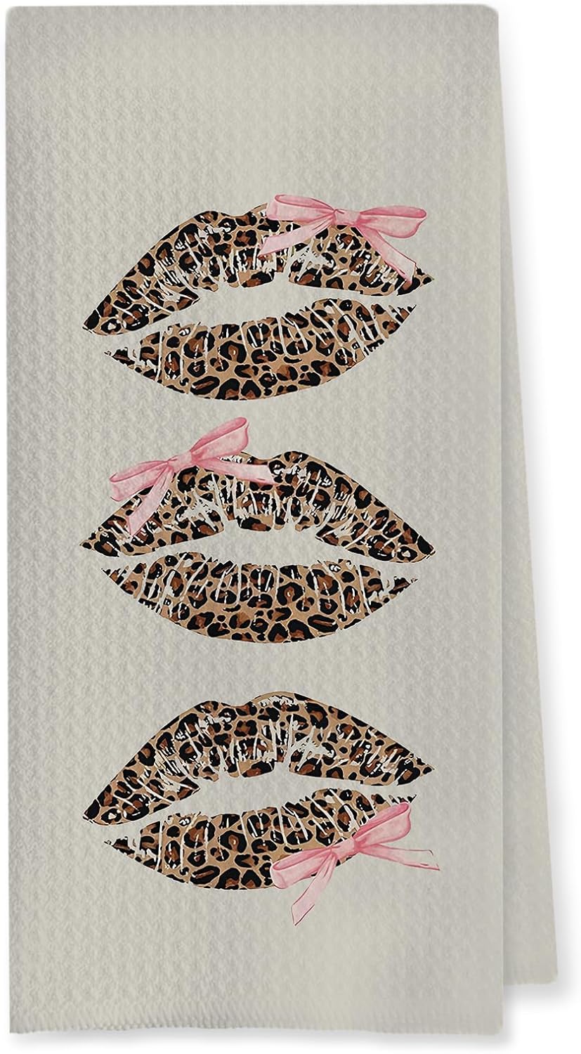 Coquette Pink Bow Leopard Lip Print Bathroom Hand Towels, Trendy Girly Cheetah Print Lips Decorative Hand Towels for Bathroom Washroom Restroom Powder Room, 16x24 Inch