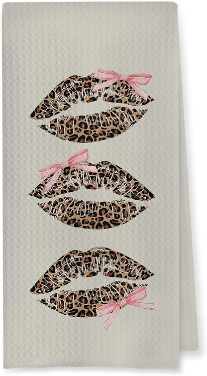 Coquette Pink Bow Leopard Lip Print Bathroom Hand Towels, Trendy Girly Cheetah Print Lips Decorative Hand Towels for Bathroom Washroom Restroom Powder Room, 16x24 Inch