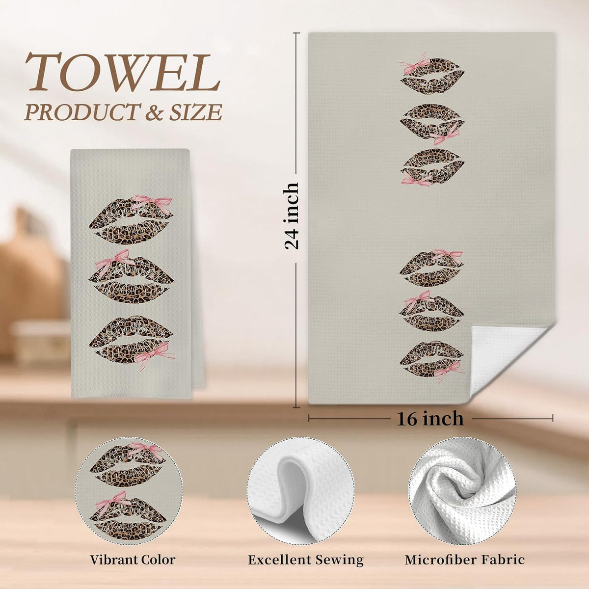 Coquette Pink Bow Leopard Lip Print Bathroom Hand Towels, Trendy Girly Cheetah Print Lips Decorative Hand Towels for Bathroom Washroom Restroom Powder Room, 16x24 Inch