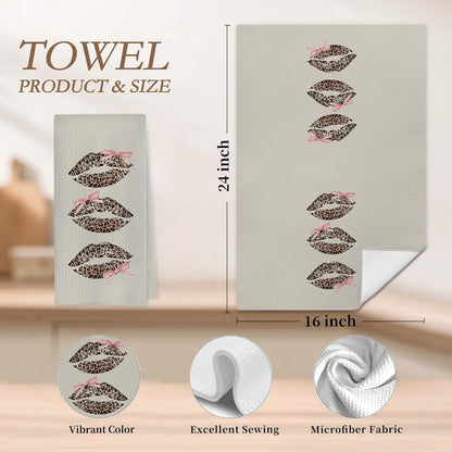 Coquette Pink Bow Leopard Lip Print Bathroom Hand Towels, Trendy Girly Cheetah Print Lips Decorative Hand Towels for Bathroom Washroom Restroom Powder Room, 16x24 Inch