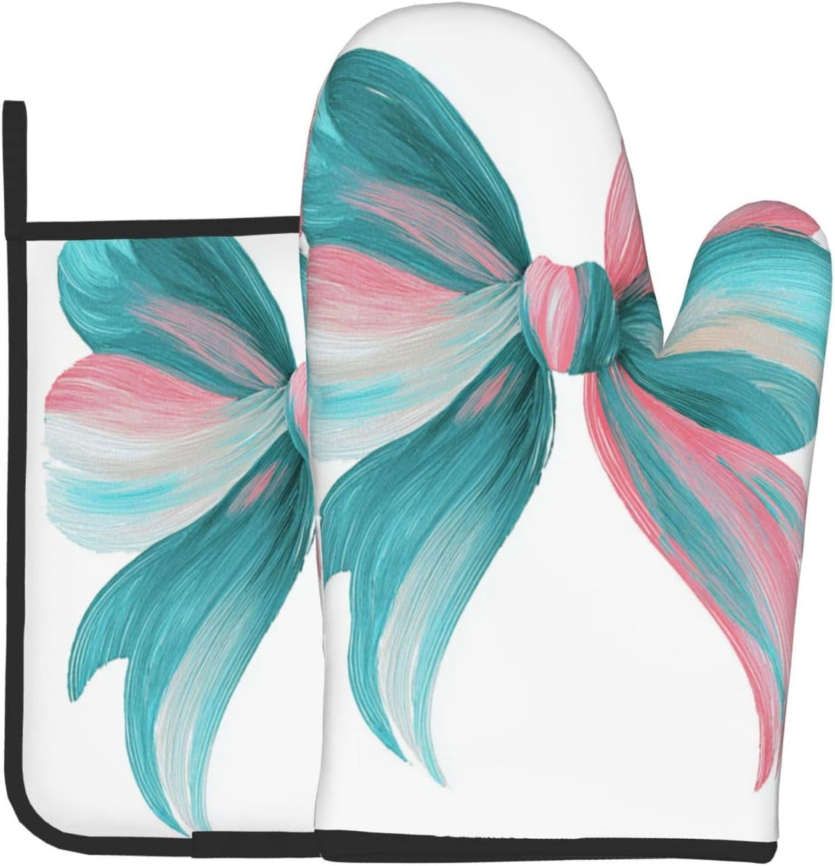 Light Pink Teal White Bow Oven Mitts and Pot Holders Sets,Heat Resistant Potholder Kitchen Decor for Cooking Baking BBQ, Oven Glove Set