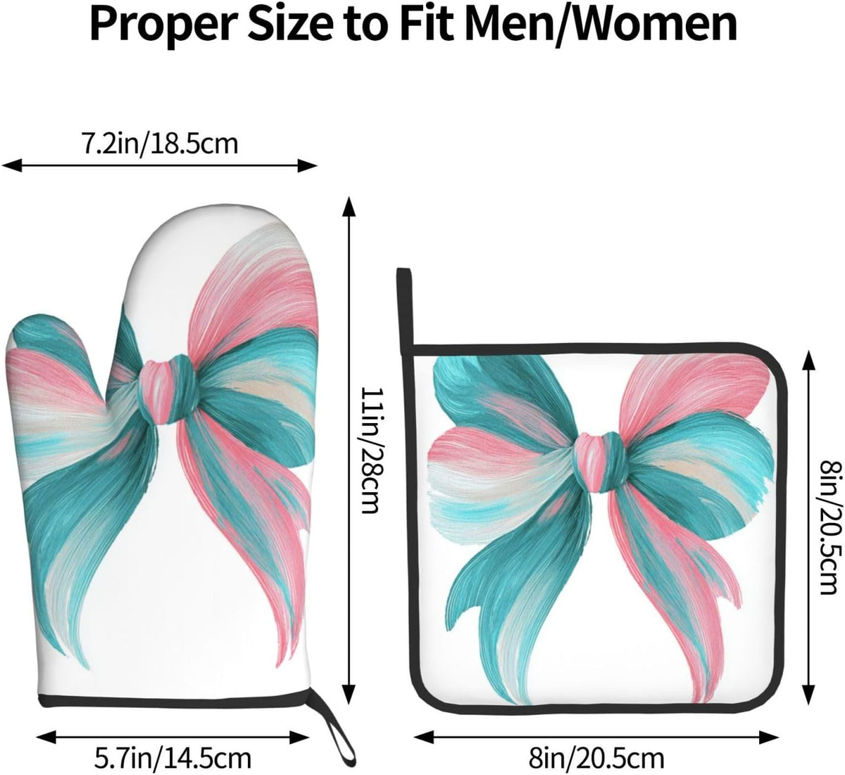 Light Pink Teal White Bow Oven Mitts and Pot Holders Sets,Heat Resistant Potholder Kitchen Decor for Cooking Baking BBQ, Oven Glove Set