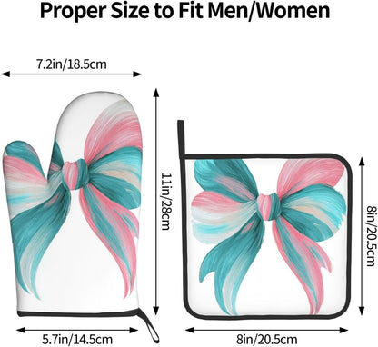 Light Pink Teal White Bow Oven Mitts and Pot Holders Sets,Heat Resistant Potholder Kitchen Decor for Cooking Baking BBQ, Oven Glove Set