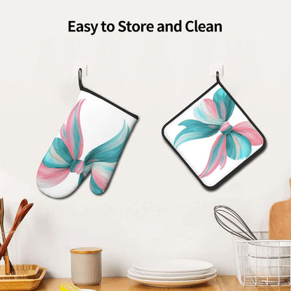 Light Pink Teal White Bow Oven Mitts and Pot Holders Sets,Heat Resistant Potholder Kitchen Decor for Cooking Baking BBQ, Oven Glove Set