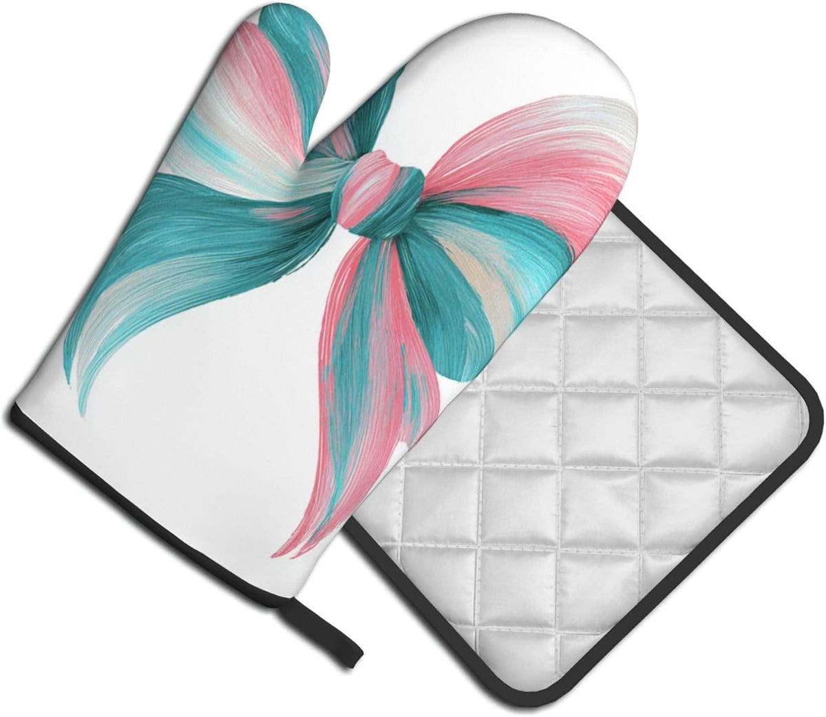 Light Pink Teal White Bow Oven Mitts and Pot Holders Sets,Heat Resistant Potholder Kitchen Decor for Cooking Baking BBQ, Oven Glove Set