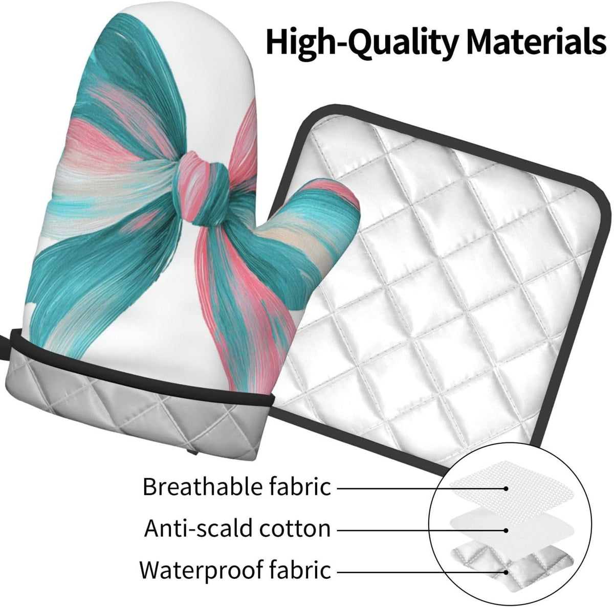 Light Pink Teal White Bow Oven Mitts and Pot Holders Sets,Heat Resistant Potholder Kitchen Decor for Cooking Baking BBQ, Oven Glove Set