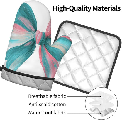 Light Pink Teal White Bow Oven Mitts and Pot Holders Sets,Heat Resistant Potholder Kitchen Decor for Cooking Baking BBQ, Oven Glove Set