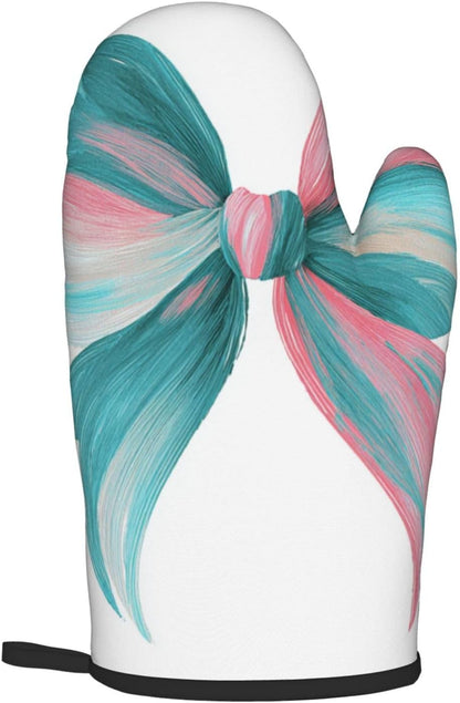 Light Pink Teal White Bow Oven Mitts and Pot Holders Sets,Heat Resistant Potholder Kitchen Decor for Cooking Baking BBQ, Oven Glove Set