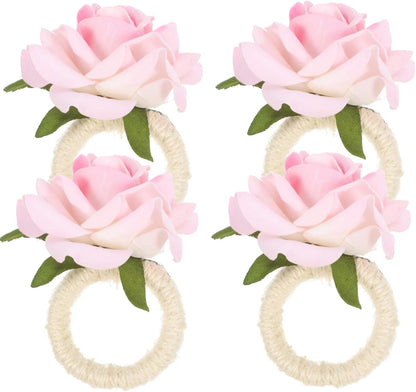 4Pcs Artificial Flower Napkin Rings Pink Rose Napkin Holders for Wedding Valentine's Day Party Table Decor Lightweight Tabletop Buckles