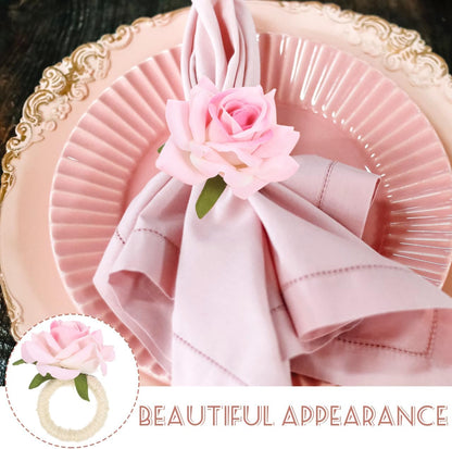 4Pcs Artificial Flower Napkin Rings Pink Rose Napkin Holders for Wedding Valentine's Day Party Table Decor Lightweight Tabletop Buckles
