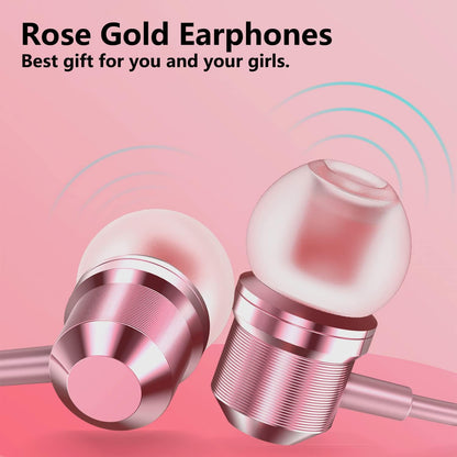 Rose Gold Earbuds, Girls Pink Earphones Wired with mic, Volume Control in Ear Headphones 3.5mm for Smartphones Mp3 Tablet Laptop
