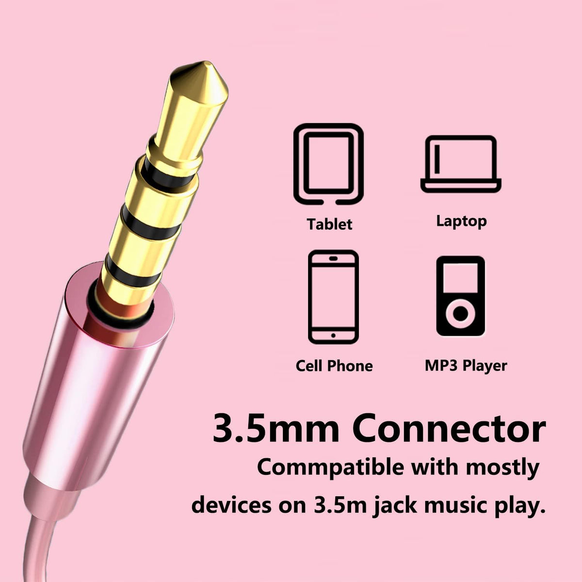 Rose Gold Earbuds, Girls Pink Earphones Wired with mic, Volume Control in Ear Headphones 3.5mm for Smartphones Mp3 Tablet Laptop