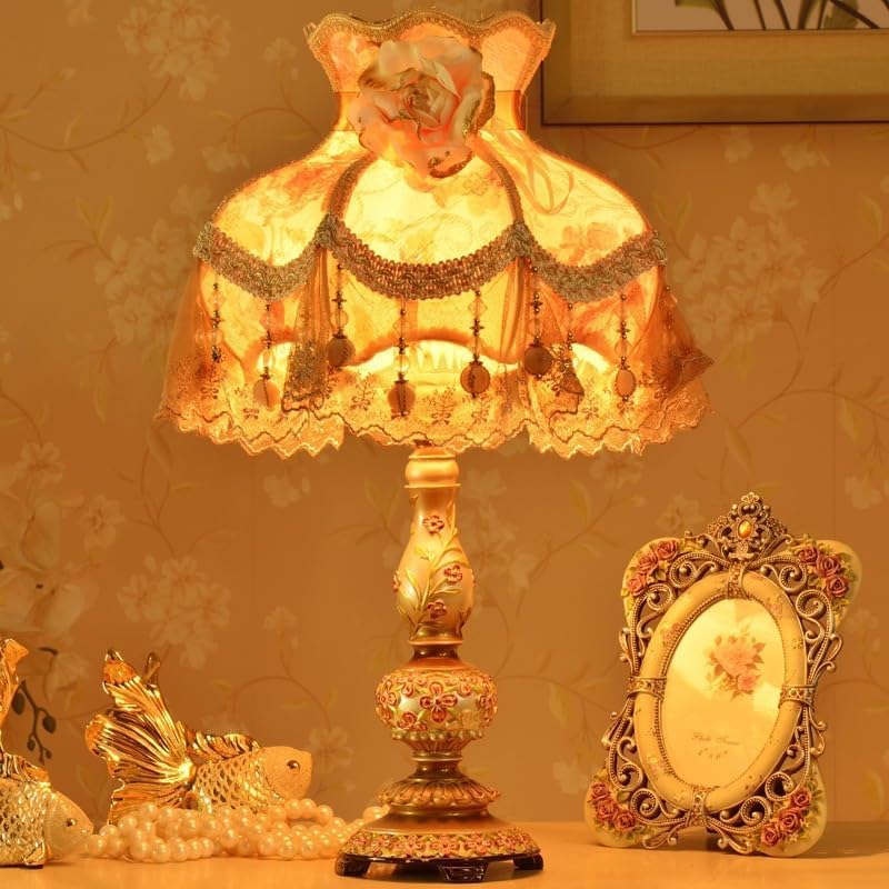 Exquisite Carved flowers Base LaceJewel Table Lamp - 22" H - Desk Lamp - Lamp for Bedroom - Bedside Lamps Victorian Desk Lamp Cloth art+Resin (Pink)