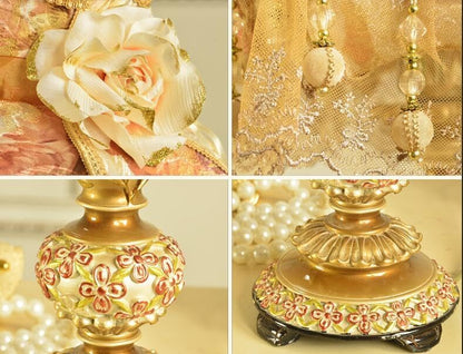 Exquisite Carved flowers Base LaceJewel Table Lamp - 22" H - Desk Lamp - Lamp for Bedroom - Bedside Lamps Victorian Desk Lamp Cloth art+Resin (Pink)
