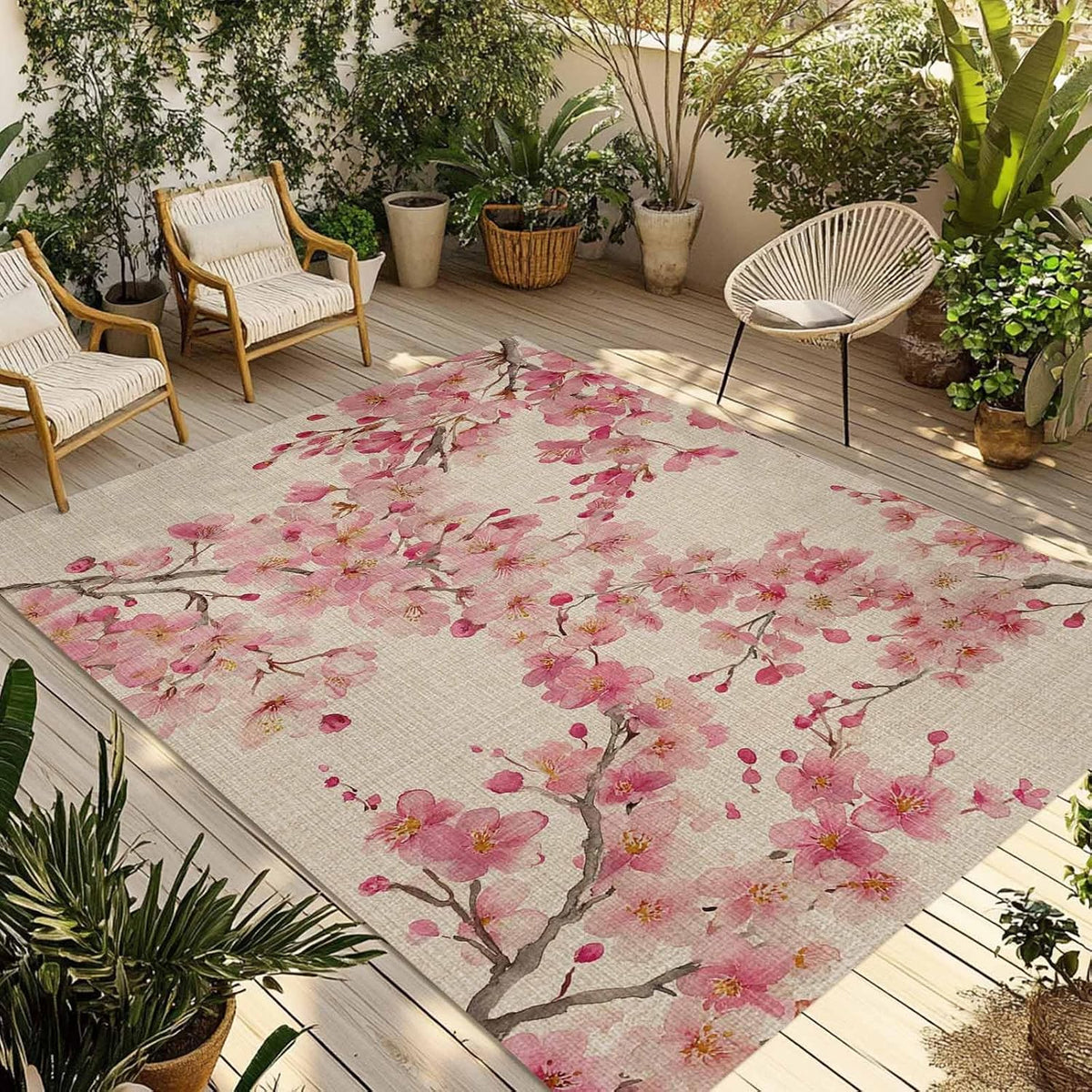 Outdoor Rug 6' x 9', Peaches Branches Large Area Rugs for Patio/RV/Deck/Porch, Farmhouse Spring Botanical Pink Flowers Water Absorption Camping Rug Carpet, Lightweight Washable Rug Runners