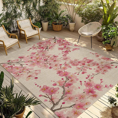 Outdoor Rug 6' x 9', Peaches Branches Large Area Rugs for Patio/RV/Deck/Porch, Farmhouse Spring Botanical Pink Flowers Water Absorption Camping Rug Carpet, Lightweight Washable Rug Runners