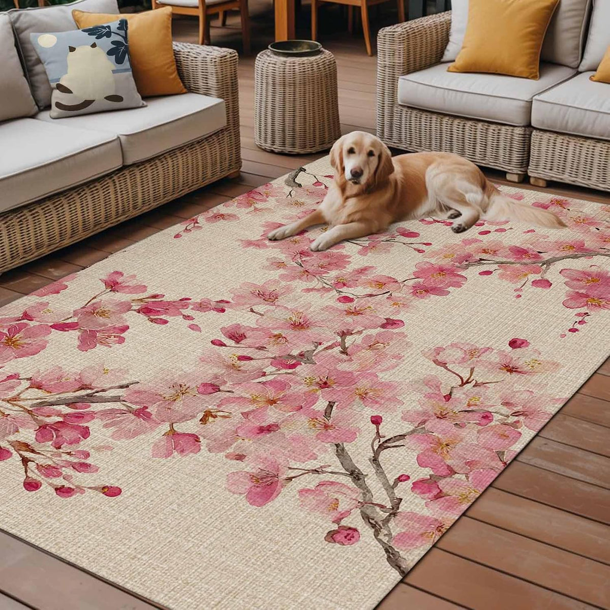 Outdoor Rug 6' x 9', Peaches Branches Large Area Rugs for Patio/RV/Deck/Porch, Farmhouse Spring Botanical Pink Flowers Water Absorption Camping Rug Carpet, Lightweight Washable Rug Runners