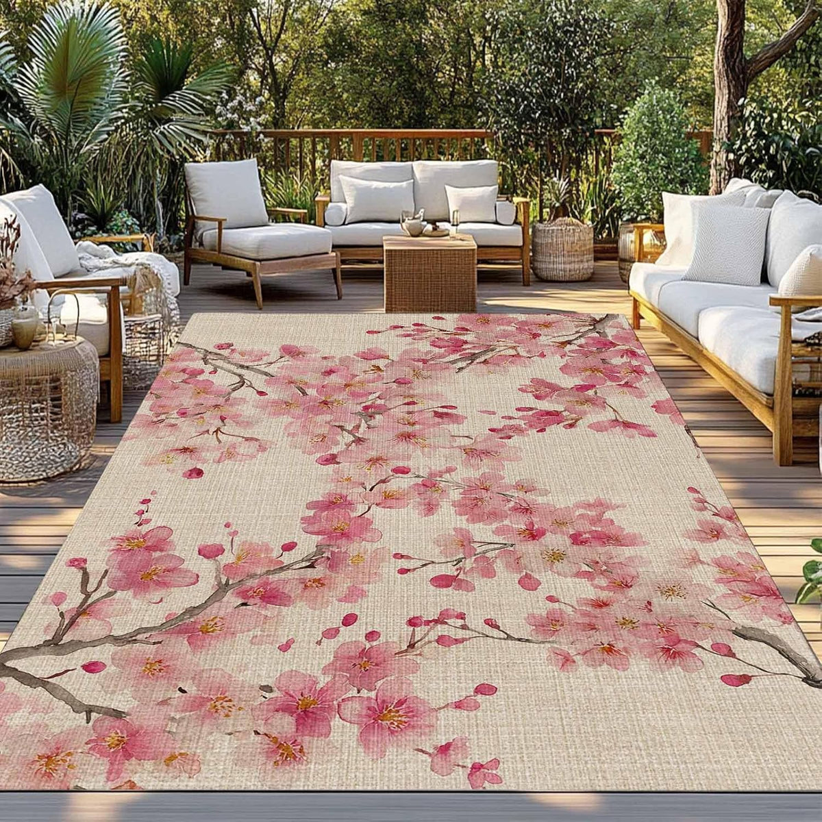 Outdoor Rug 6' x 9', Peaches Branches Large Area Rugs for Patio/RV/Deck/Porch, Farmhouse Spring Botanical Pink Flowers Water Absorption Camping Rug Carpet, Lightweight Washable Rug Runners