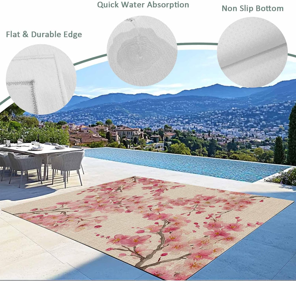 Outdoor Rug 6' x 9', Peaches Branches Large Area Rugs for Patio/RV/Deck/Porch, Farmhouse Spring Botanical Pink Flowers Water Absorption Camping Rug Carpet, Lightweight Washable Rug Runners