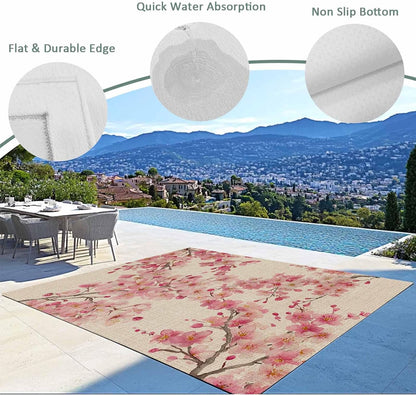 Outdoor Rug 6' x 9', Peaches Branches Large Area Rugs for Patio/RV/Deck/Porch, Farmhouse Spring Botanical Pink Flowers Water Absorption Camping Rug Carpet, Lightweight Washable Rug Runners