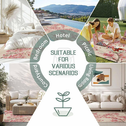 Outdoor Rug 6' x 9', Peaches Branches Large Area Rugs for Patio/RV/Deck/Porch, Farmhouse Spring Botanical Pink Flowers Water Absorption Camping Rug Carpet, Lightweight Washable Rug Runners