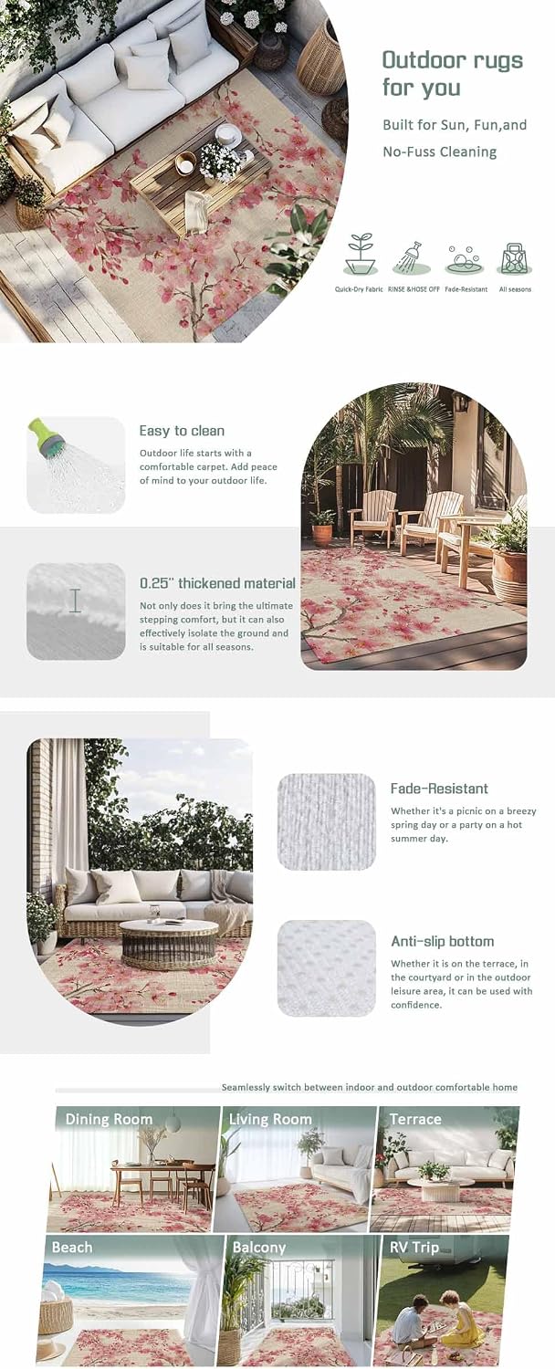 Outdoor Rug 6' x 9', Peaches Branches Large Area Rugs for Patio/RV/Deck/Porch, Farmhouse Spring Botanical Pink Flowers Water Absorption Camping Rug Carpet, Lightweight Washable Rug Runners