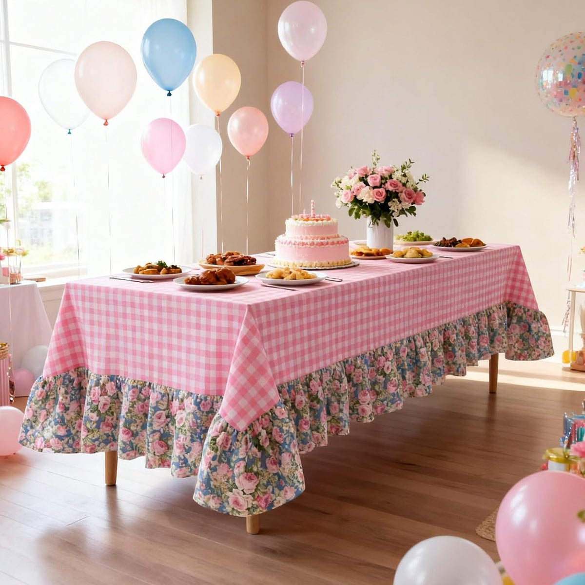 Pink White Plaid Ruffled Long Table Cloth Rectangular Fits 8-10 Seater Table Linen Cotton Checker Gingham Tablecloth with Flower for Baby Shower Birthday Party Picnic Decorative - 120"x60"
