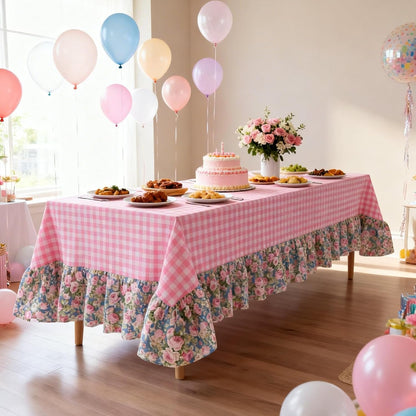 Pink White Plaid Ruffled Long Table Cloth Rectangular Fits 8-10 Seater Table Linen Cotton Checker Gingham Tablecloth with Flower for Baby Shower Birthday Party Picnic Decorative - 120"x60"
