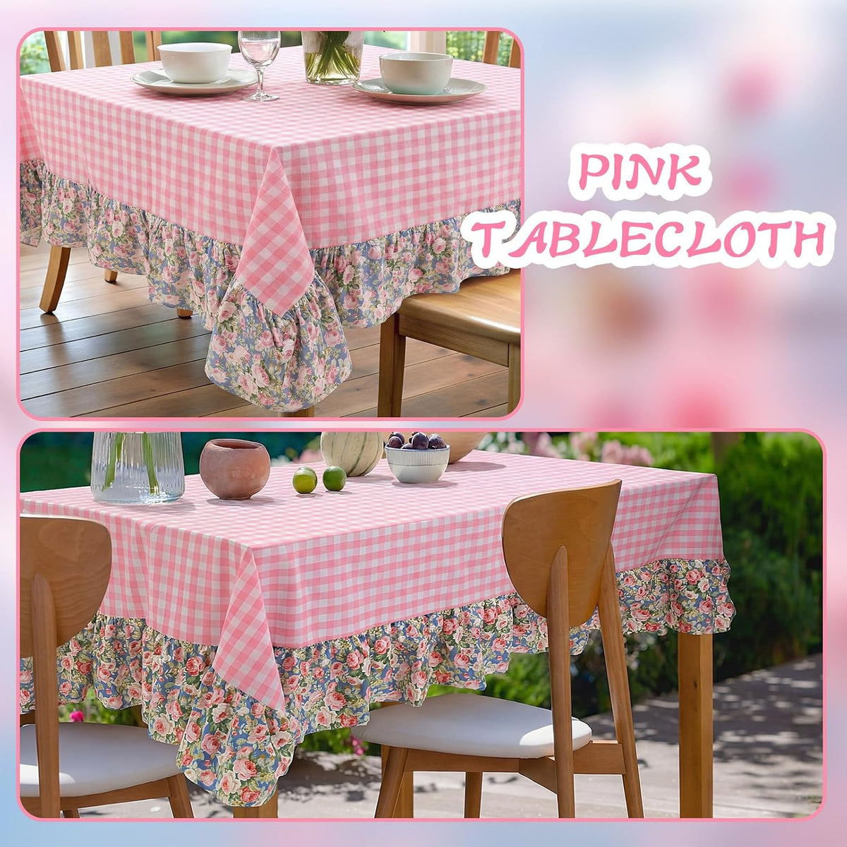 Pink White Plaid Ruffled Long Table Cloth Rectangular Fits 8-10 Seater Table Linen Cotton Checker Gingham Tablecloth with Flower for Baby Shower Birthday Party Picnic Decorative - 120"x60"