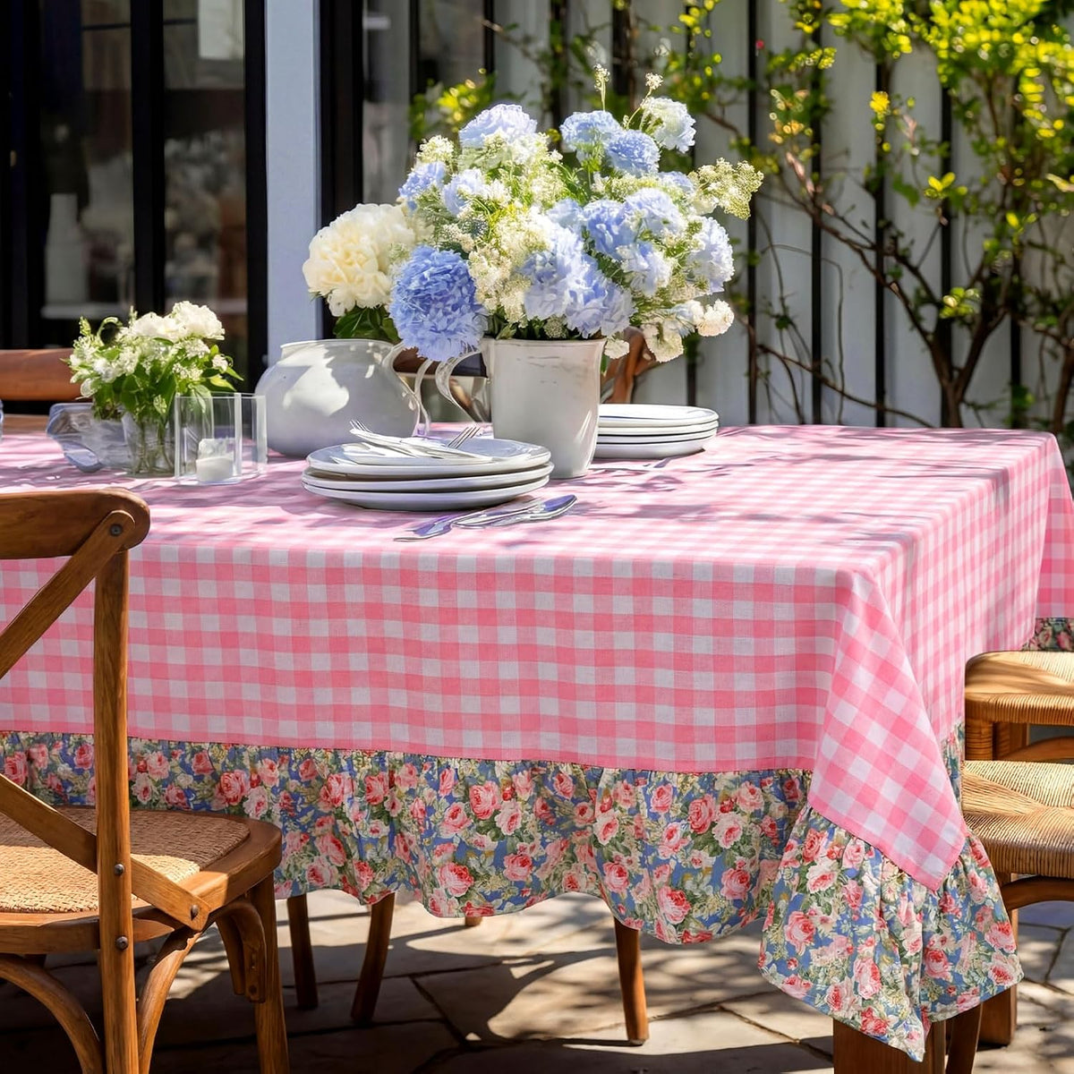 Pink White Plaid Ruffled Long Table Cloth Rectangular Fits 8-10 Seater Table Linen Cotton Checker Gingham Tablecloth with Flower for Baby Shower Birthday Party Picnic Decorative - 120"x60"
