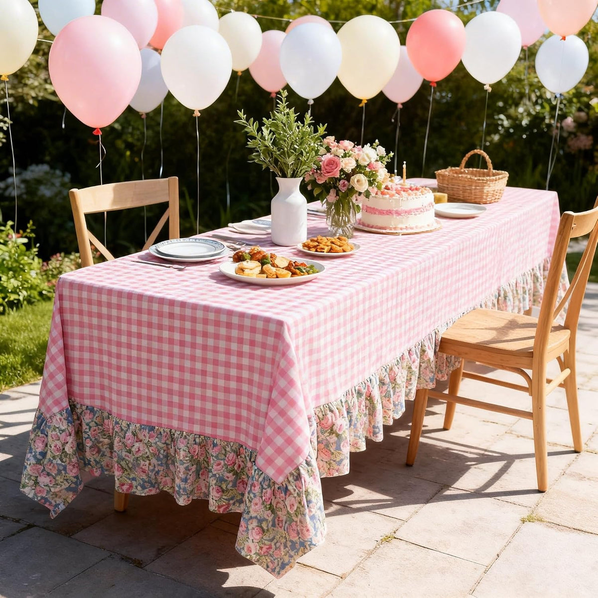 Pink White Plaid Ruffled Long Table Cloth Rectangular Fits 8-10 Seater Table Linen Cotton Checker Gingham Tablecloth with Flower for Baby Shower Birthday Party Picnic Decorative - 120"x60"