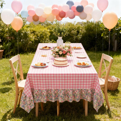 Pink White Plaid Ruffled Long Table Cloth Rectangular Fits 8-10 Seater Table Linen Cotton Checker Gingham Tablecloth with Flower for Baby Shower Birthday Party Picnic Decorative - 120"x60"