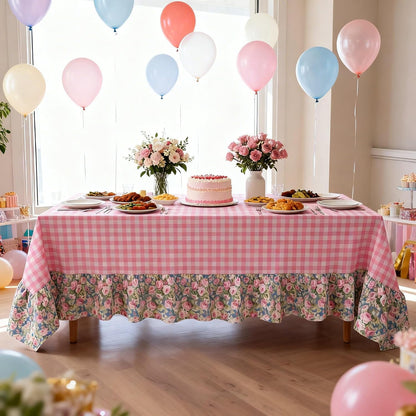 Pink White Plaid Ruffled Long Table Cloth Rectangular Fits 8-10 Seater Table Linen Cotton Checker Gingham Tablecloth with Flower for Baby Shower Birthday Party Picnic Decorative - 120"x60"