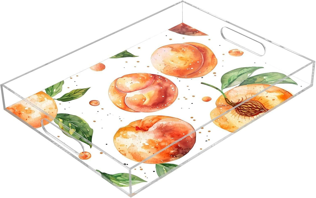 Spill Proof Acrylic Serving Tray, Countertop Organizer 16x12 Inch with Handles for Breakfast, Living Rooms, Coffee, Juice, Kitchen and Desk, (Watercolor Peach)