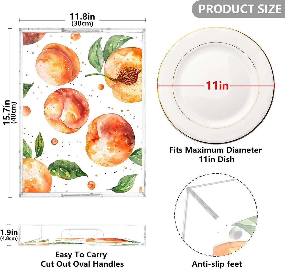 Spill Proof Acrylic Serving Tray, Countertop Organizer 16x12 Inch with Handles for Breakfast, Living Rooms, Coffee, Juice, Kitchen and Desk, (Watercolor Peach)