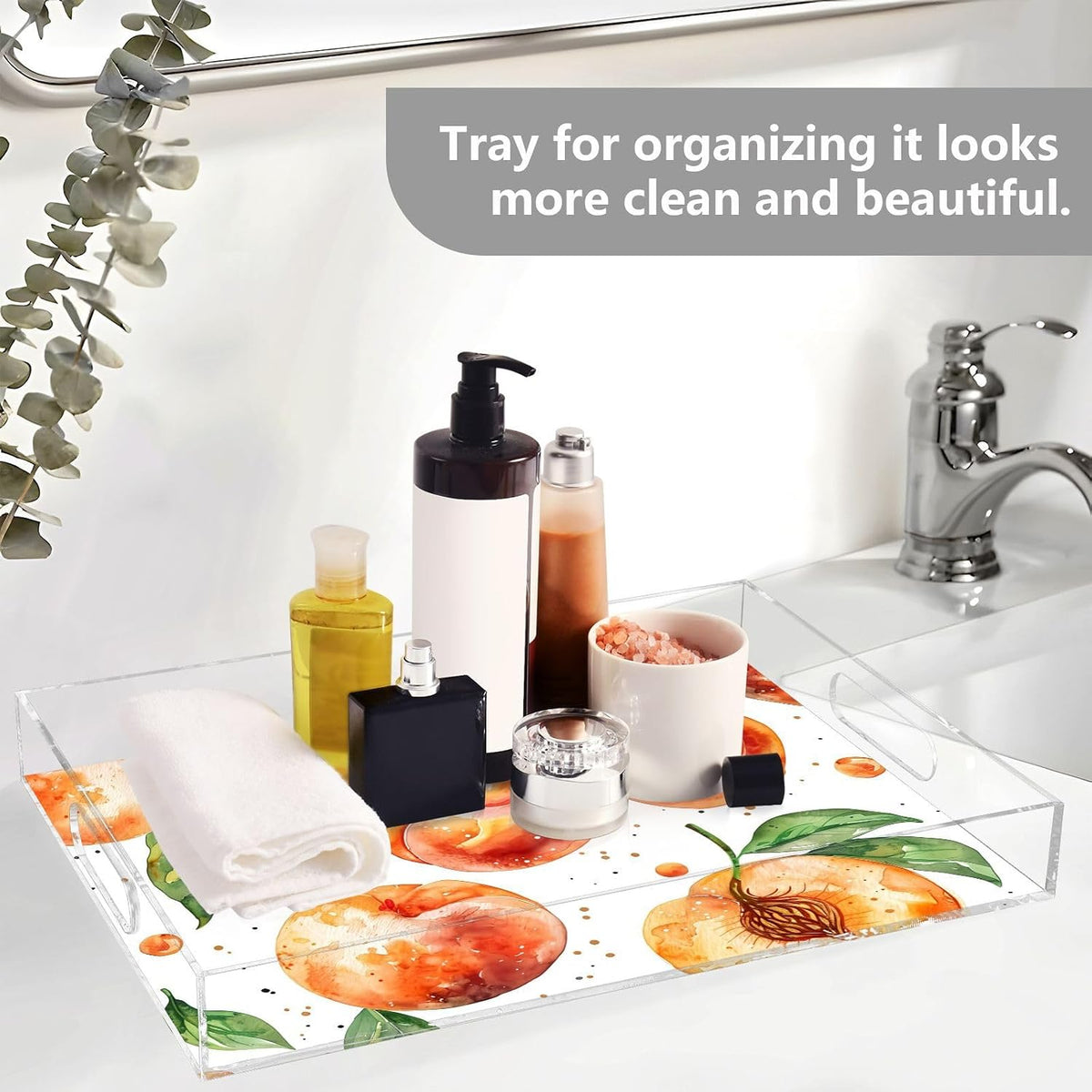 Spill Proof Acrylic Serving Tray, Countertop Organizer 16x12 Inch with Handles for Breakfast, Living Rooms, Coffee, Juice, Kitchen and Desk, (Watercolor Peach)