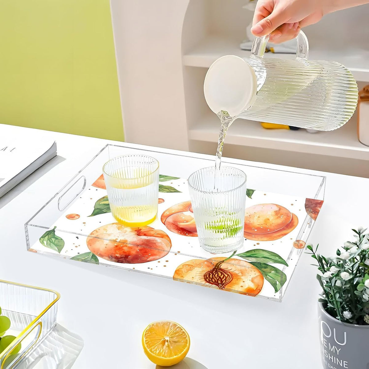 Spill Proof Acrylic Serving Tray, Countertop Organizer 16x12 Inch with Handles for Breakfast, Living Rooms, Coffee, Juice, Kitchen and Desk, (Watercolor Peach)