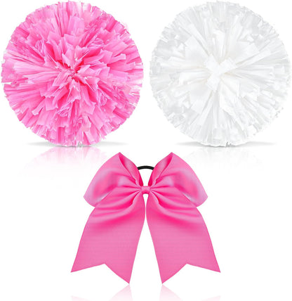 3 Pcs 12 Inch Pom Poms Cheerleading and Bow, Pink and White, Pink