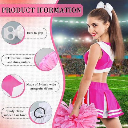 3 Pcs 12 Inch Pom Poms Cheerleading and Bow, Pink and White, Pink