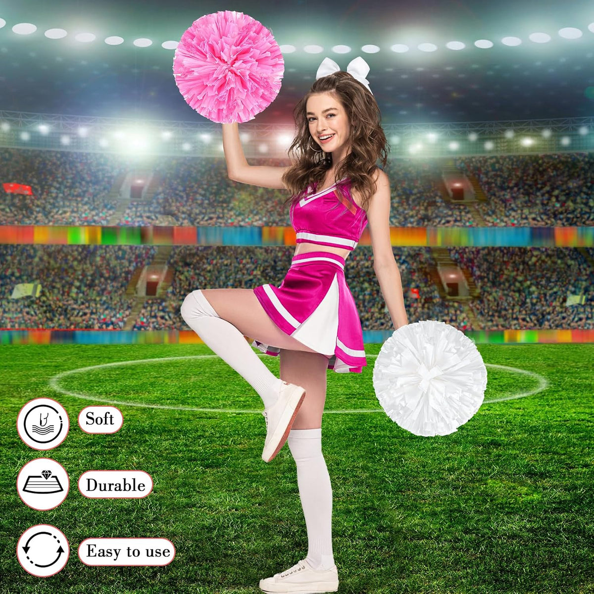 3 Pcs 12 Inch Pom Poms Cheerleading and Bow, Pink and White, Pink