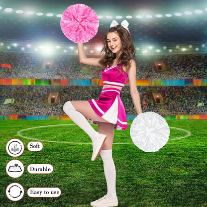 3 Pcs 12 Inch Pom Poms Cheerleading and Bow, Pink and White, Pink