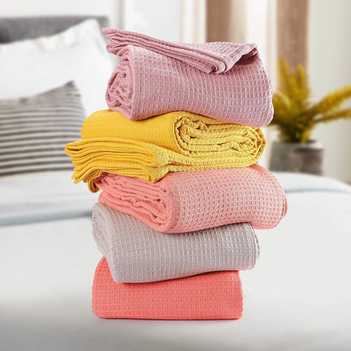 100% Cotton Thermal Blanket, Breathable Waffle Blanket, Queen Size, All Season, Peach